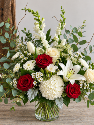 Red Rose Arrangement Dubai with white lilies hydrangea and eucalyptus Red Rose Arrangement Dubai with white lilies hydrangea and eucalyptus