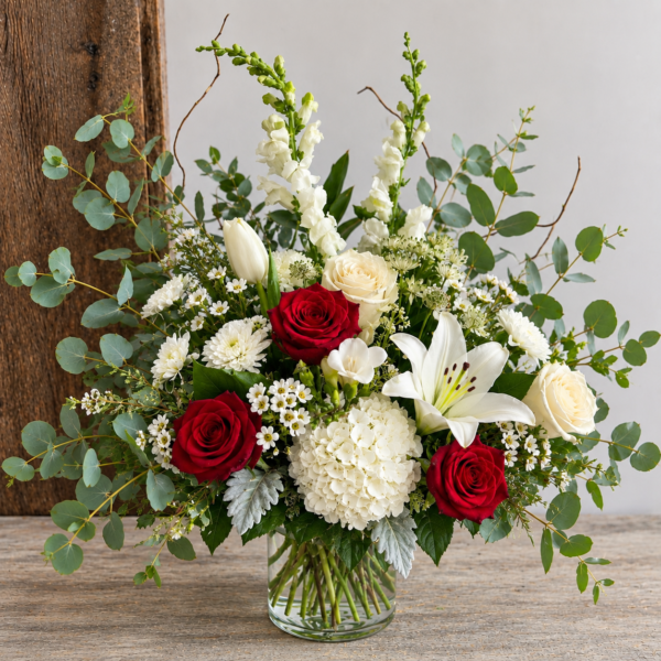 Red Rose Arrangement Dubai with white lilies hydrangea and eucalyptus Red Rose Arrangement Dubai with white lilies hydrangea and eucalyptus