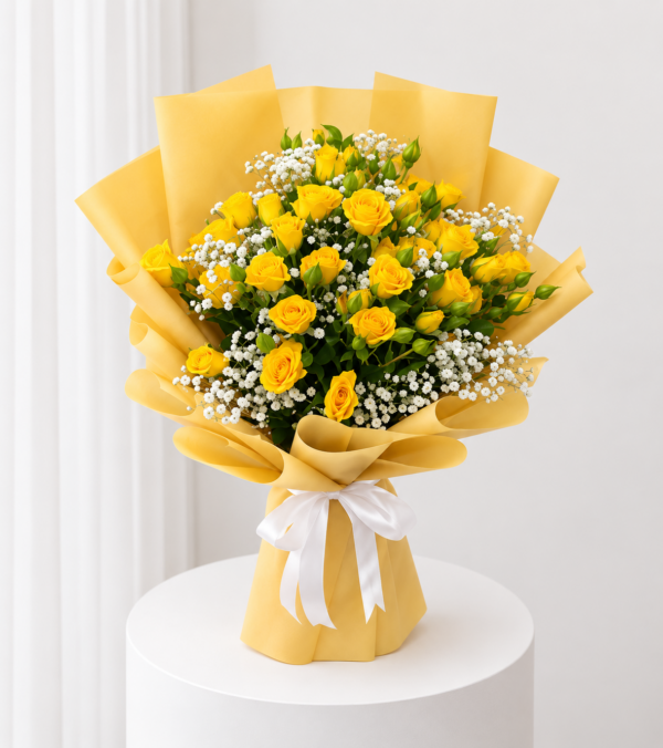Yellow rose bouquet with baby’s breath in yellow wrapping paper and white ribbon