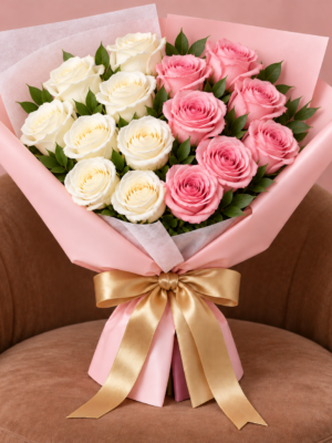 Pink White Rose Bouquet Dubai with pink wrapping and gold ribbon Pink White Rose Bouquet Dubai with pink wrapping and gold ribbon
