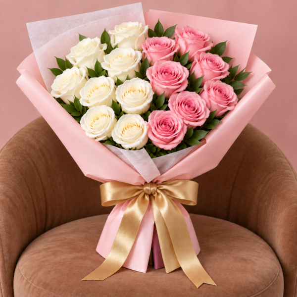 Pink White Rose Bouquet Dubai with pink wrapping and gold ribbon Pink White Rose Bouquet Dubai with pink wrapping and gold ribbon