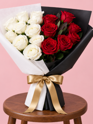 Red White Rose Bouquet Dubai with black white wrapping and gold ribbon Red White Rose Bouquet Dubai with black white wrapping and gold ribbon