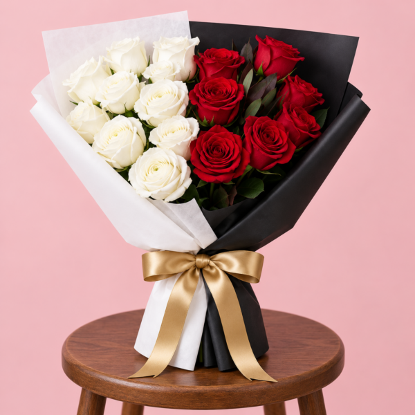 Red White Rose Bouquet Dubai with black white wrapping and gold ribbon Red White Rose Bouquet Dubai with black white wrapping and gold ribbon