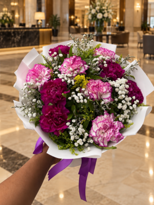 Purple Carnation Bouquet Dubai with baby’s breath white wrapping and purple ribbon Purple Carnation Bouquet Dubai with baby’s breath white wrapping and purple ribbon