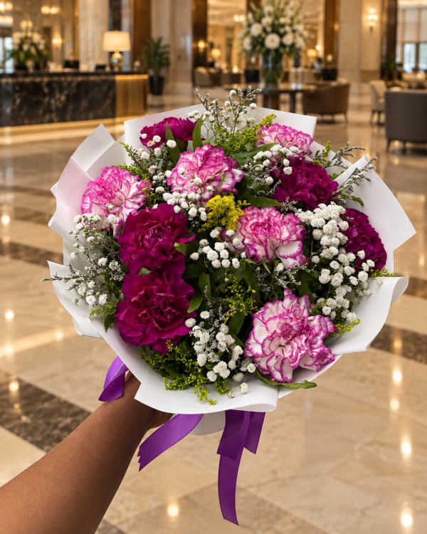 Purple Carnation Bouquet Dubai with baby’s breath white wrapping and purple ribbon Purple Carnation Bouquet Dubai with baby’s breath white wrapping and purple ribbon