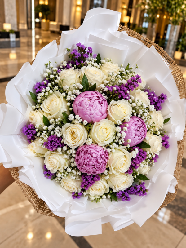 Peony Rose Bouquet Dubai with ivory roses pink peonies and purple flowers Peony Rose Bouquet Dubai with ivory roses pink peonies and purple flowers