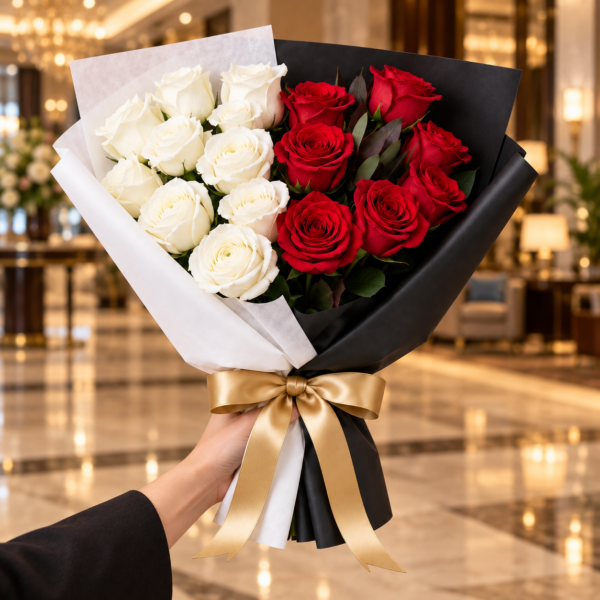 Red White Rose Bouquet Dubai with black white wrapping and gold ribbon Red White Rose Bouquet Dubai with black white wrapping and gold ribbon