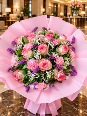 Pink Rose Bouquet Dubai with carnations purple flowers and baby’s breath Pink Rose Bouquet Dubai with carnations purple flowers and baby’s breath