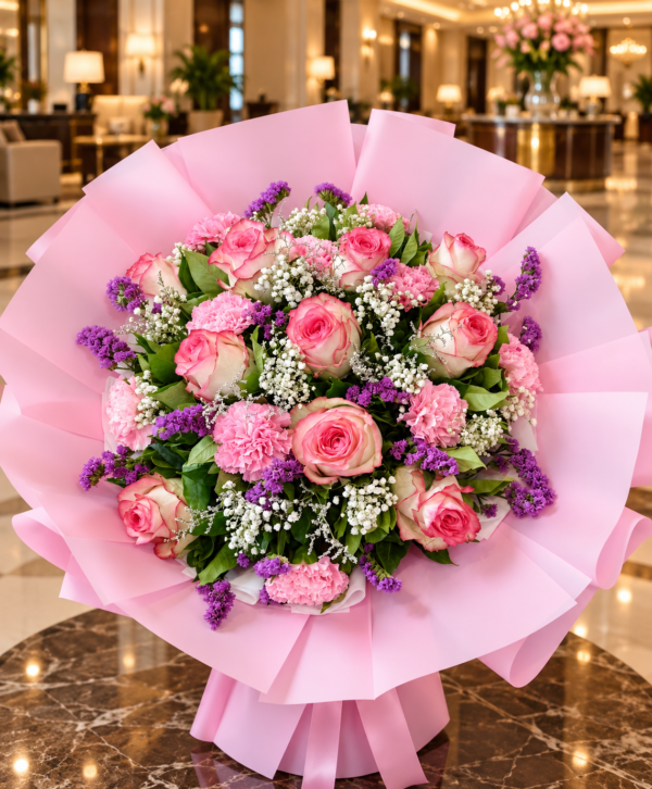 Pink Rose Bouquet Dubai with carnations purple flowers and baby’s breath Pink Rose Bouquet Dubai with carnations purple flowers and baby’s breath
