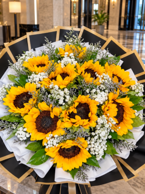 Sunflower Bouquet Dubai with yellow sunflowers baby’s breath and black gold wrapping Sunflower Bouquet Dubai with yellow sunflowers baby’s breath and black gold wrapping