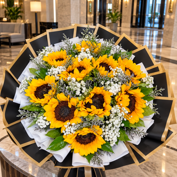 Sunflower Bouquet Dubai with yellow sunflowers baby’s breath and black gold wrapping