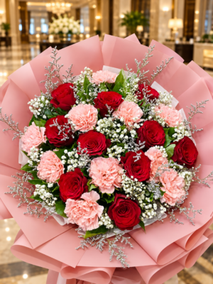 Red Rose Carnation Bouquet Dubai with blush carnations baby’s breath and pink wrapping Red Rose Carnation Bouquet Dubai with blush carnations baby’s breath and pink wrapping