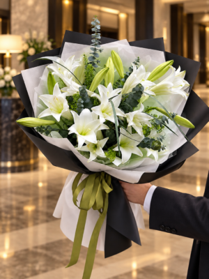 White Lily Bouquet Dubai with fresh white lilies and greenery White Lily Bouquet Dubai with fresh white lilies and greenery