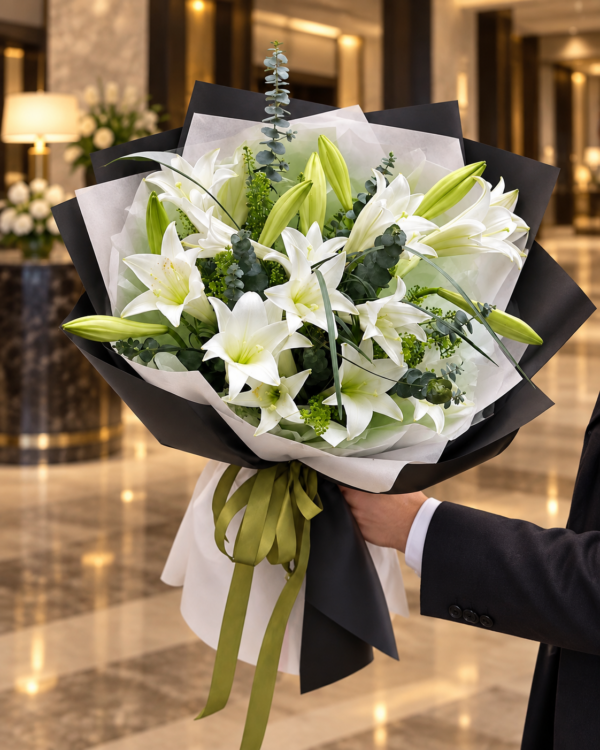 White Lily Bouquet Dubai with fresh white lilies and greenery White Lily Bouquet Dubai with fresh white lilies and greenery