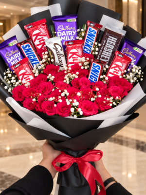 Chocolate Rose Bouquet Dubai with red roses and assorted chocolates Chocolate Rose Bouquet Dubai with red roses and assorted chocolates