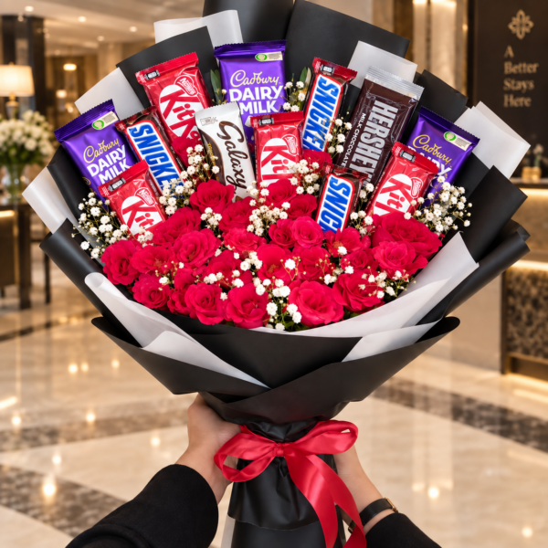 Chocolate Rose Bouquet Dubai with red roses and assorted chocolates Chocolate Rose Bouquet Dubai with red roses and assorted chocolates