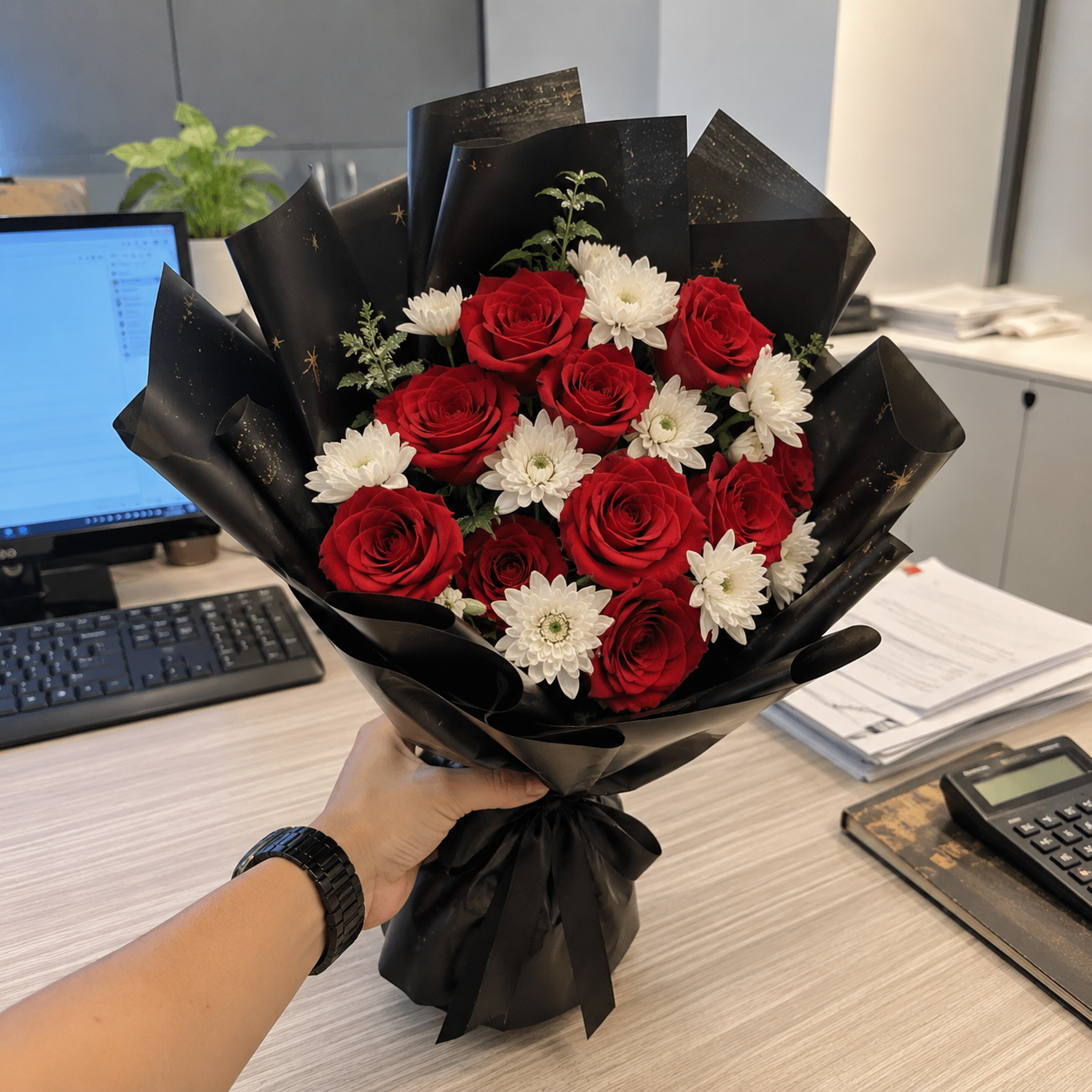 Delivered red roses at a customer's office