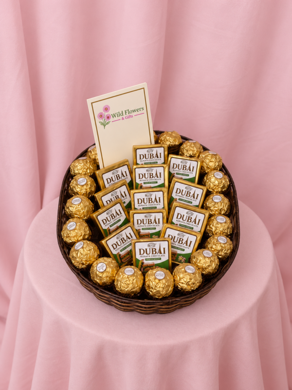 Elegant Pink Basket of Chocolates and Gifts Dubai Chocolate Basket