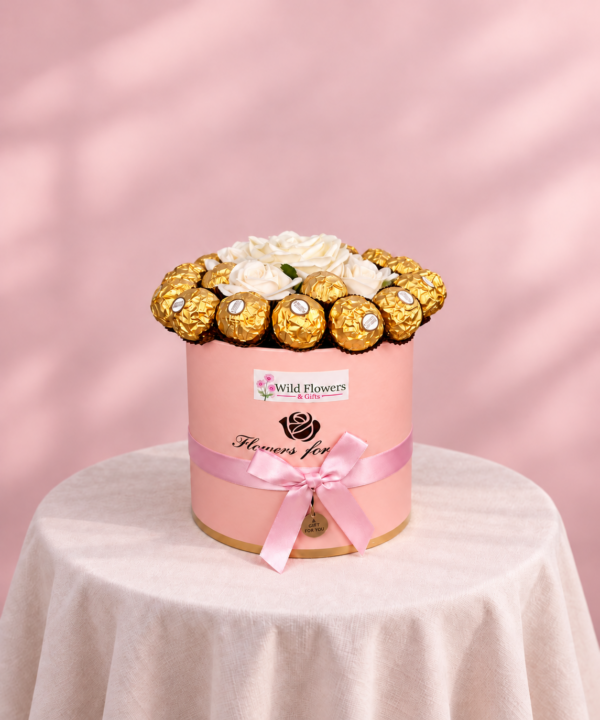 Rose Ferrero Box Dubai with 21 Ferrero Rocher chocolates 1 spray rose stem and 1 rose