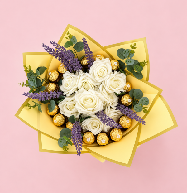 Elegant White Rose and Chocolate Bouquet Rose Ferrero Delight