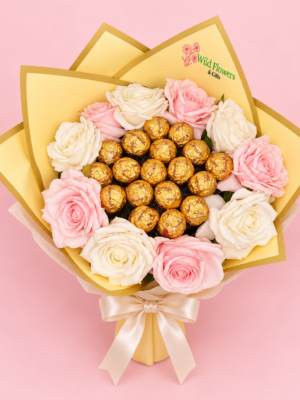 Rose Chocolate Bouquet Dubai with pink white roses and 16 Ferrero Rocher chocolates Rose Chocolate Bouquet Dubai with pink white roses and 16 Ferrero Rocher chocolates