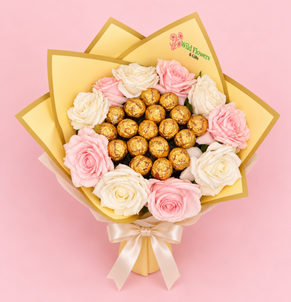 Rose Chocolate Bouquet Dubai with pink white roses and 16 Ferrero Rocher chocolates Rose Chocolate Bouquet Dubai with pink white roses and 16 Ferrero Rocher chocolates