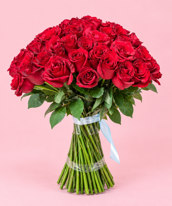 Long Stem Red Roses Dubai hand tied bouquet with fresh green stems and ribbon