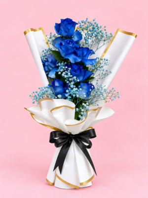 Blue Rose Bouquet Dubai with blue baby’s breath and white gold wrapping Blue Rose Bouquet Dubai with blue baby’s breath and white gold wrapping