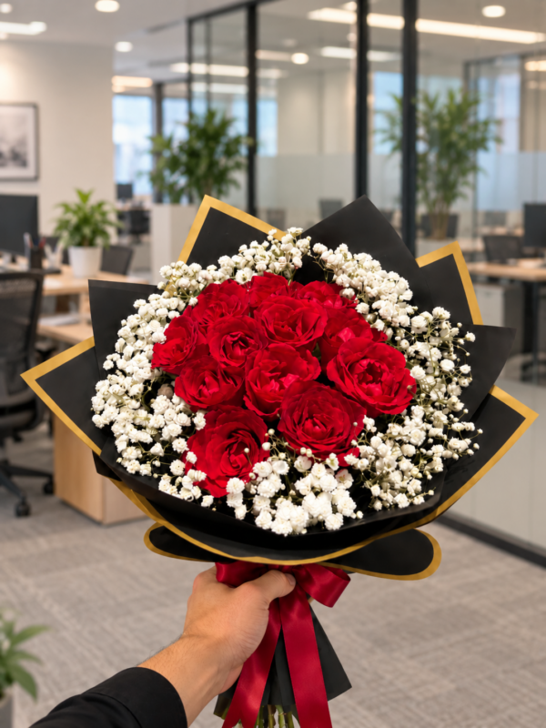 Black Gold Rose Bouquet with red roses baby’s breath and black gold wrapping Black Gold Rose Bouquet with red roses baby’s breath and black gold wrapping