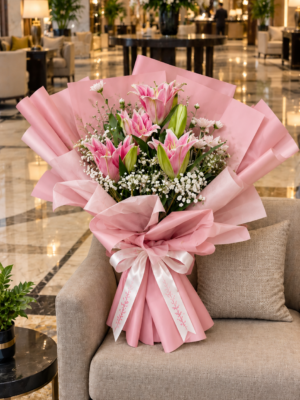 Pink Lily Bouquet Dubai with baby’s breath greenery and elegant pink wrapping Pink Lily Bouquet Dubai with baby’s breath greenery and elegant pink wrapping