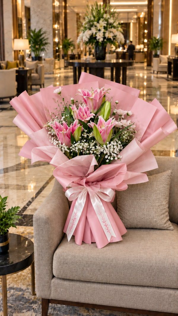 Pink Lily Bouquet Dubai with baby’s breath greenery and elegant pink wrapping Pink Lily Bouquet Dubai with baby’s breath greenery and elegant pink wrapping