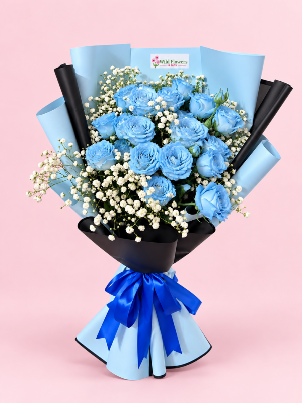 Sky Blue Rose Bouquet Dubai with blue roses white baby's breath and black blue wrapping Sky Blue Rose Bouquet Dubai with blue roses white baby's breath and black blue wrapping